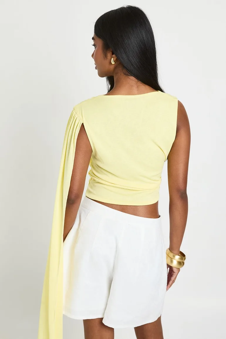 Sheer Textured Ruched Drape Detail Top - lemon - 1