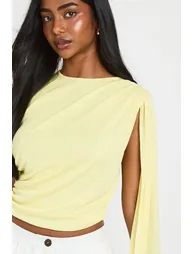 Sheer Textured Ruched Drape Detail Top - lemon - 3