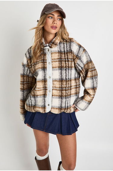 Check Print Boxy Teddy Jacket - stone