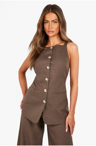 Textured Mock Horn Button Front Longline Waistcoat - mocha