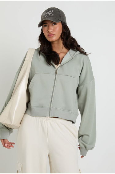 Washed Boxy Balloon Sleeve Oversized Zip Through Hoodie - sage