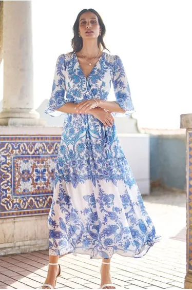 Yumi Blue Paisley Wrap Maxi Dress With 3/4 Sleeve
