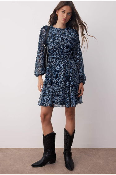 Blue Floral Ruffle Short/Mini Lined Chiffon Woven Dress