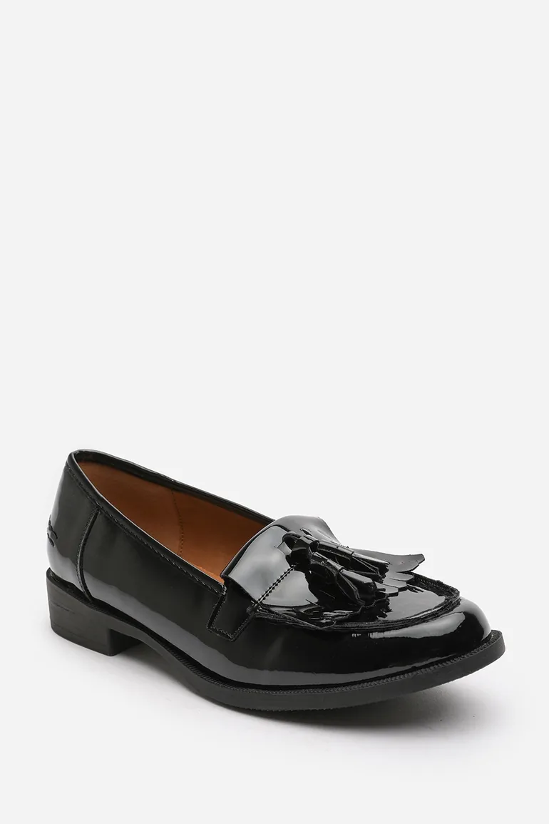Kassidy Extra Wide Fit School Shoes Tassel Slip On Penny Loafers In Black Patent - 1
