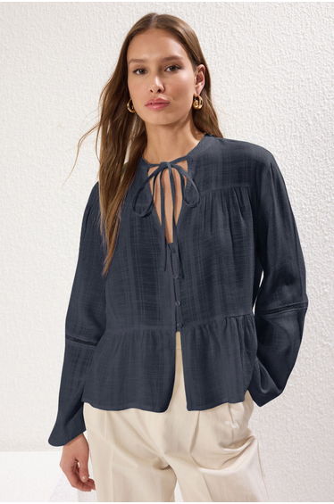 Navy Blue Cotton Textured Fabric Laced Sleeve Regular Regular Fit Woven Shirt