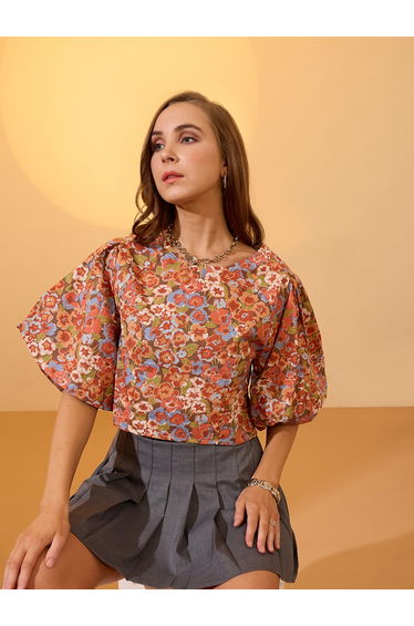 Multi Floral Print Puff Sleeves Crop Top