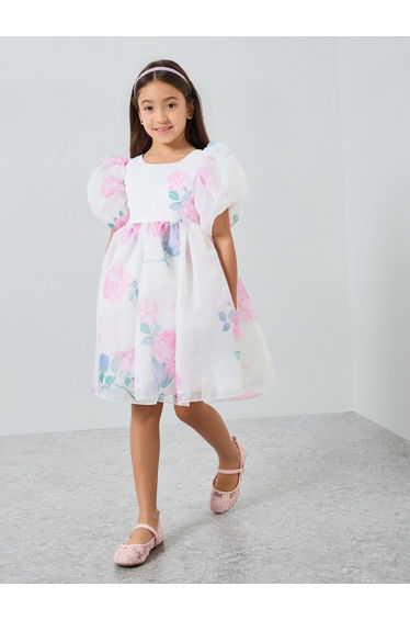 Girls Purple Floral Print Puff Sleeve Dress