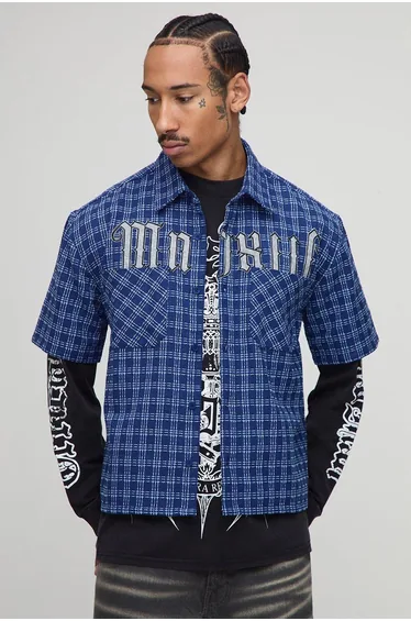 Oversized Microcheck MMXIII Applique Double Pocket Boxy Shirt - blue