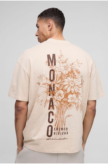 Oversized Extended Neck Monaco Floral Printed T-Shirt - sand