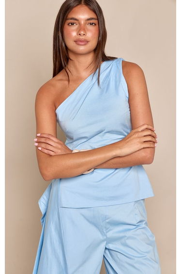 Baby Blue Poplin Drape Detail Top Co-ord
