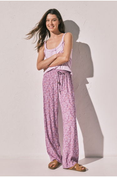 Pink floral print long trousers
