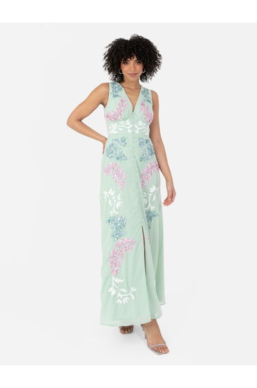 Maya Mint Floral Embellished Sleeveless Maxi Dress