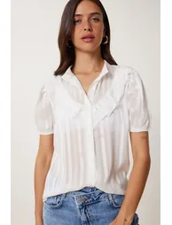Women's White Balloon Sleeve Flounced Chiffon Shirt - 2