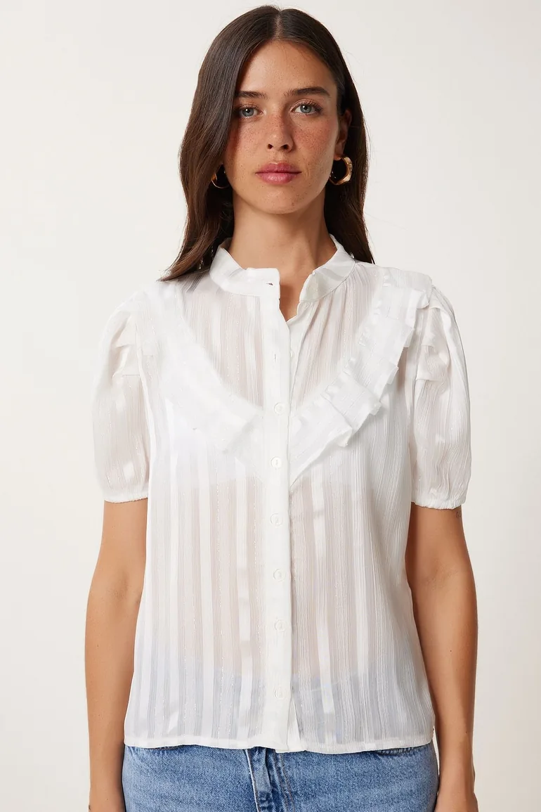 Women's White Balloon Sleeve Flounced Chiffon Shirt