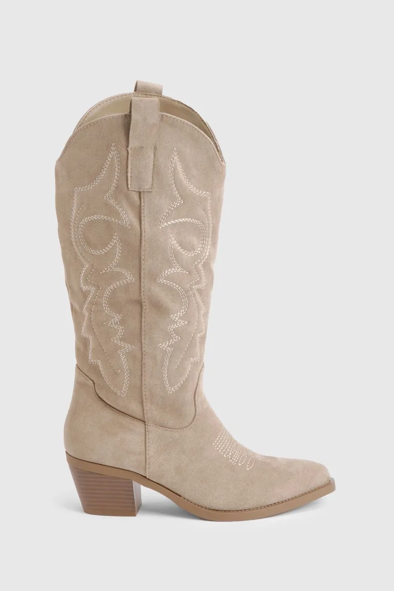 Faux Suede Western Embroidered Knee High Boots - taupe - 2