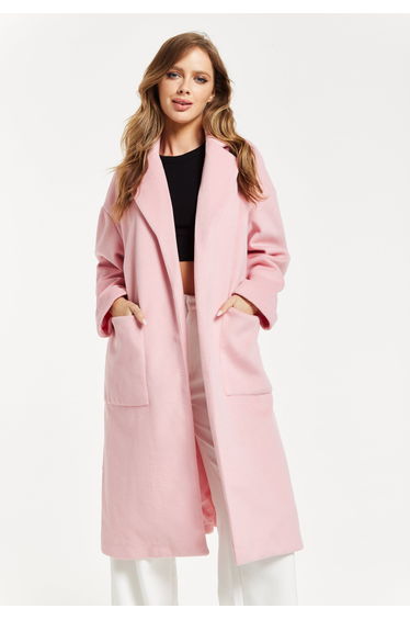 Women’s Pink Longline Coat with Notch Collar and Tie Waist