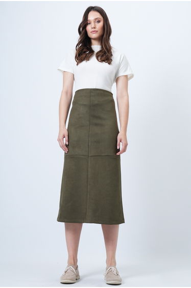 Women's Khaki Hidden Zipper Stitching Detail Faux Suede Maxi