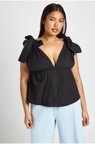 Plus Tie Shoulder Smock Top - black
