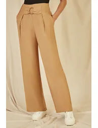Yumi Brown Wide Leg trousers With Front Buckle Detail - 2