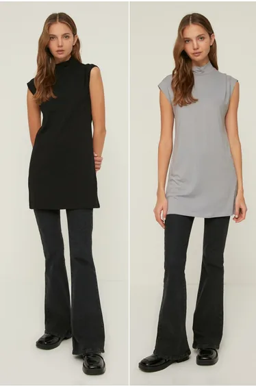 Black and Gray Sleeveless Stand Collar Tunic Liner - Pack of 2