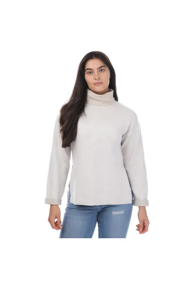 سويتر لون كريمي بأكمام طويلة محبوك بياقة عالية