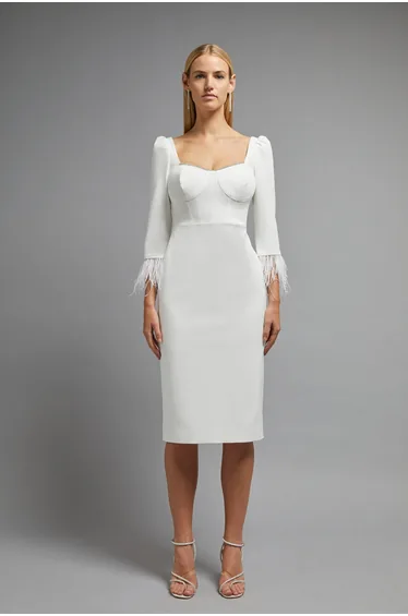 Diamante Trim Feather Cuff Midi Dress