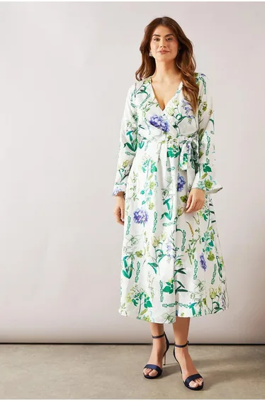 Floral Satin Jacquard Wrap Midi Dress