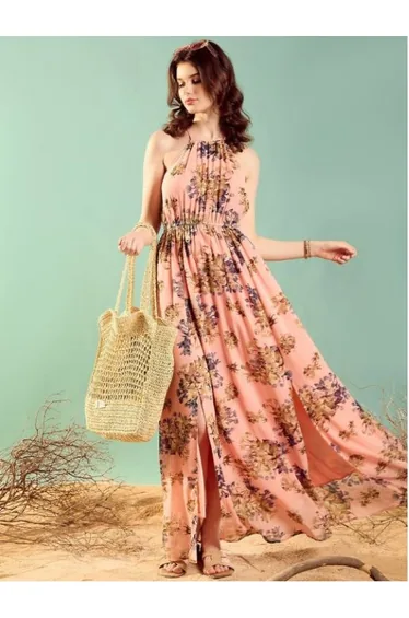 فستان ماكسي مزموم بتصميم بشكل A بطبعة أزهار