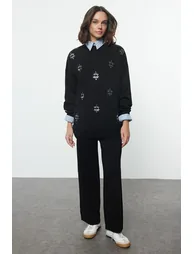 Black Embroidery Eye Detailed Knitwear Bottom-Top Set