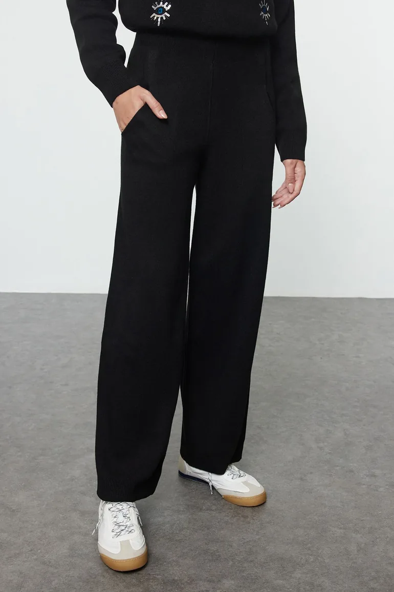 Black Embroidery Eye Detailed Knitwear Bottom-Top Set - 3