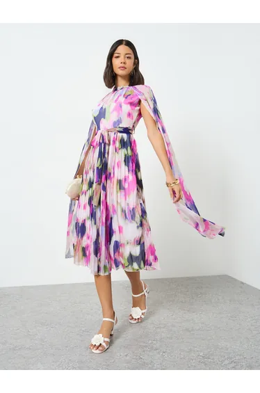 Multi Cape Sleeve Pleated Midi Dress