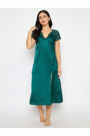 Solid Padded V Neck Satin Nightdress with Lace Insert