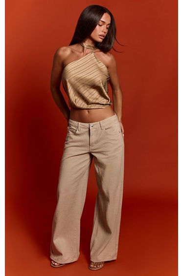 Beige Satin Stripe Detail Tie Wrap Top