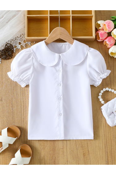 Girls White Peter Pan Collar Puff Sleeve Shirt