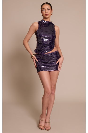 Purple Sequin Ruched Asymmetric Top