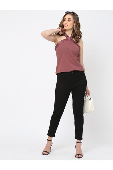 Women Burgundy Halter Cross Neck Top
