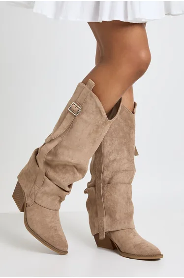 Faux Suede Fold Over Western Boots - taupe