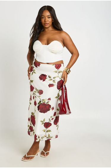 Plus Rose Print Mesh Midaxi Skirt - ivory