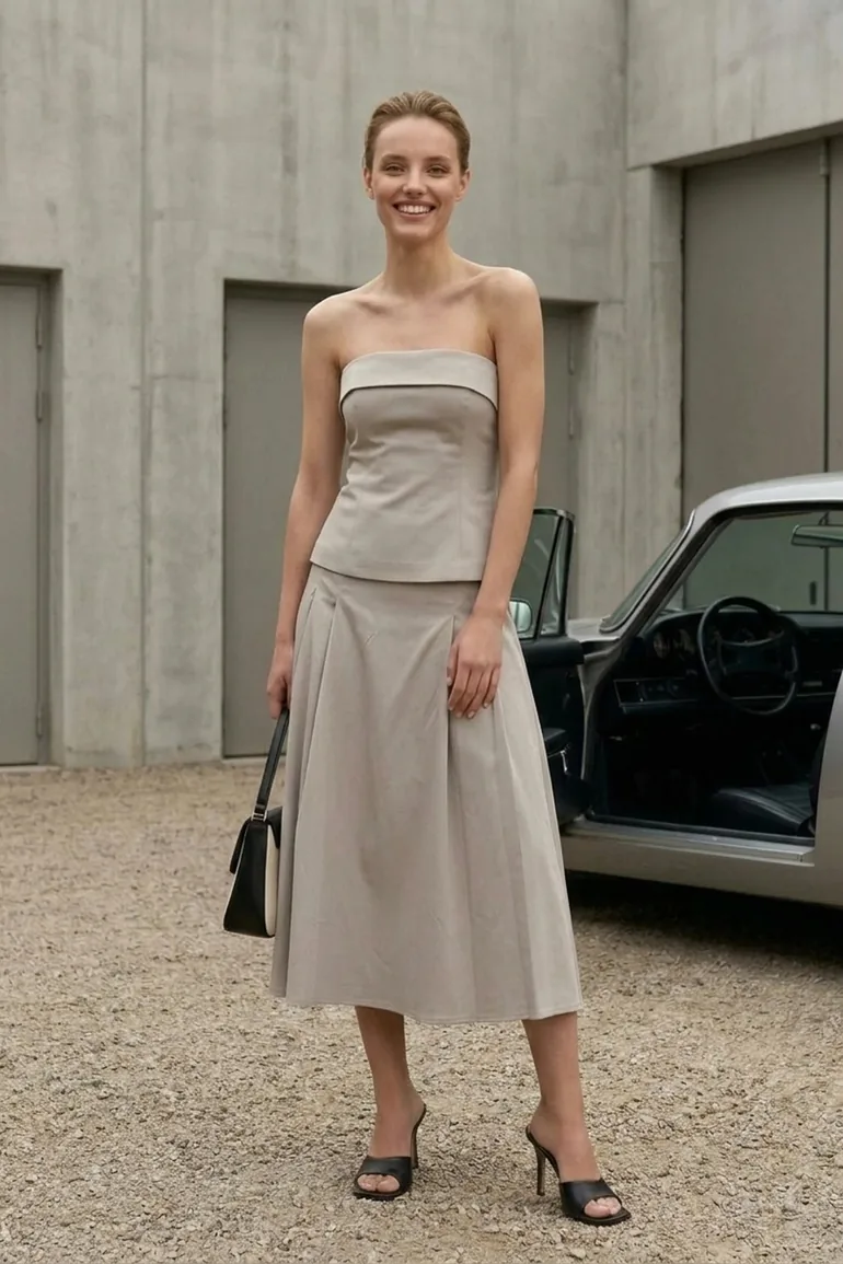 MY FASHION Strapless Blouse and High-Waist Midi Skirt Set - 3