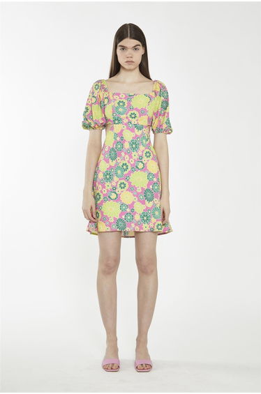 Shift Square Neck Short Dress - Pink Multi 60S Flower