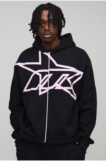 Tall Oversized Boxy Star Printed Zip Through Hoodie - black