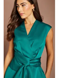 Wrap Over Detail V Neck Sleeveless Midi Dress - 1