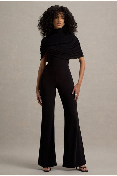 Isoline | Black Twist Cape Flared-Leg Jumpsuit