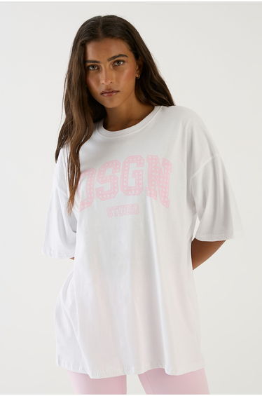 DSGN Studio Collegiate Gingham Print Oversized T-Shirt - white