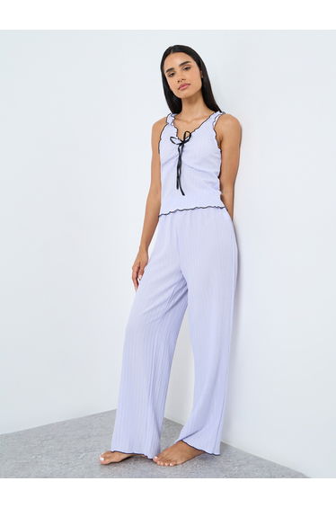 Rib Crinkle Contrast Edge Bow Tank and Pyjama Set