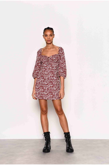 Glamorous Brown Ditsy Print Milkmaid Mini dress with Puff Sleeves