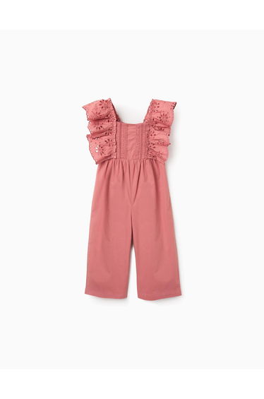 Poplin jumpsuit with ruffles and broderie anglaise for baby girls pink