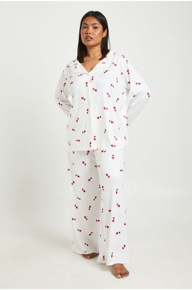 Plus Valentines Heart Print Long Sleeve Shirt & Trouser Pyjama Set - white