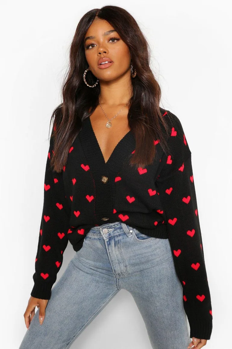 Heart Print Crop Cardigan - black