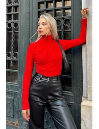 Red Half Turtleneck and Waist Draped Women's Blouse Crop - 2